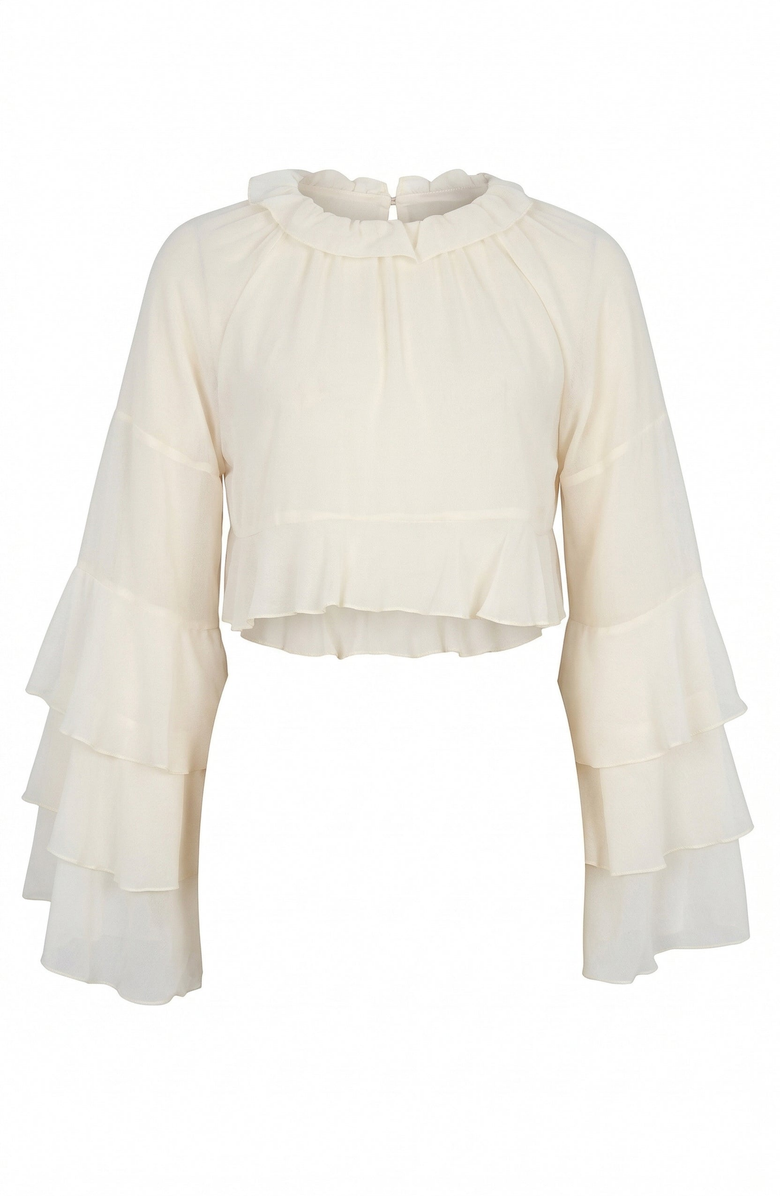 Modenaire Ruffle Tier Mini Skirt Set with Long Sleeve Blouse, Alternate, color, Ivory