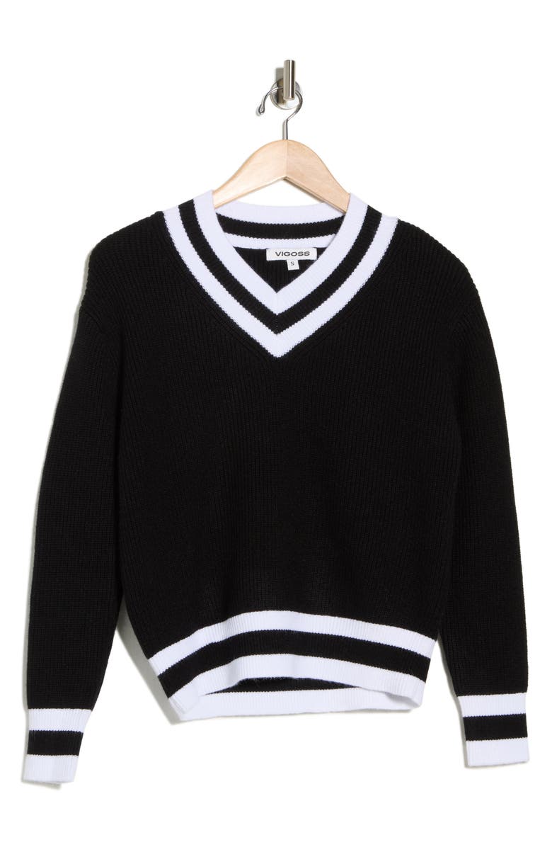 Vigoss Varsity Stripe V-Neck Sweater, Alternate, color, Black/ White