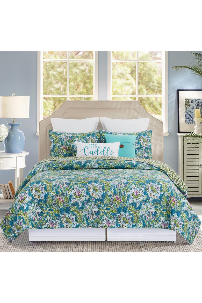 Violet Purple Blue & Green Flora Quilt Set, Alternate, color, Blue