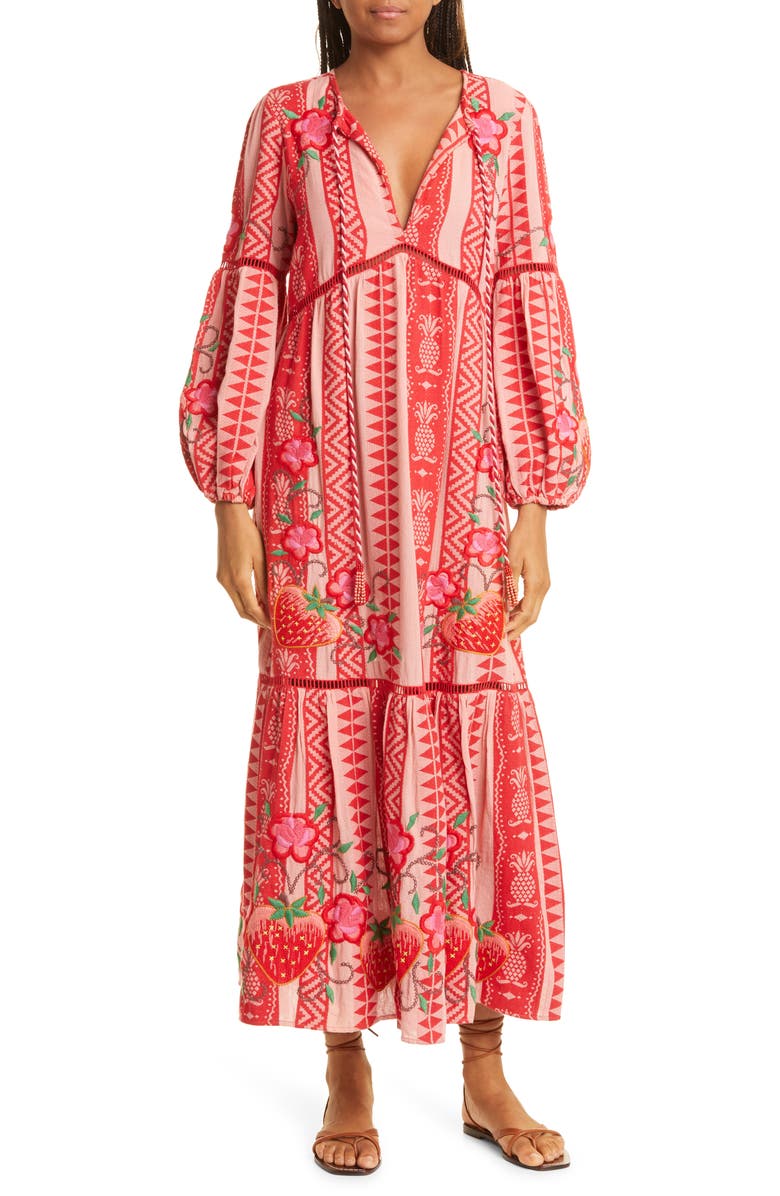FARM Rio Embroidered Jacquard Long Sleeve Tiered Cotton Maxi Dress, Main, color, 
