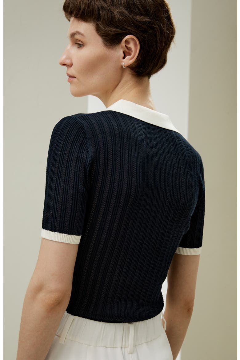 Women's V Neck Ribbed Silk Knit Top, Alternate, color, Navy Blue