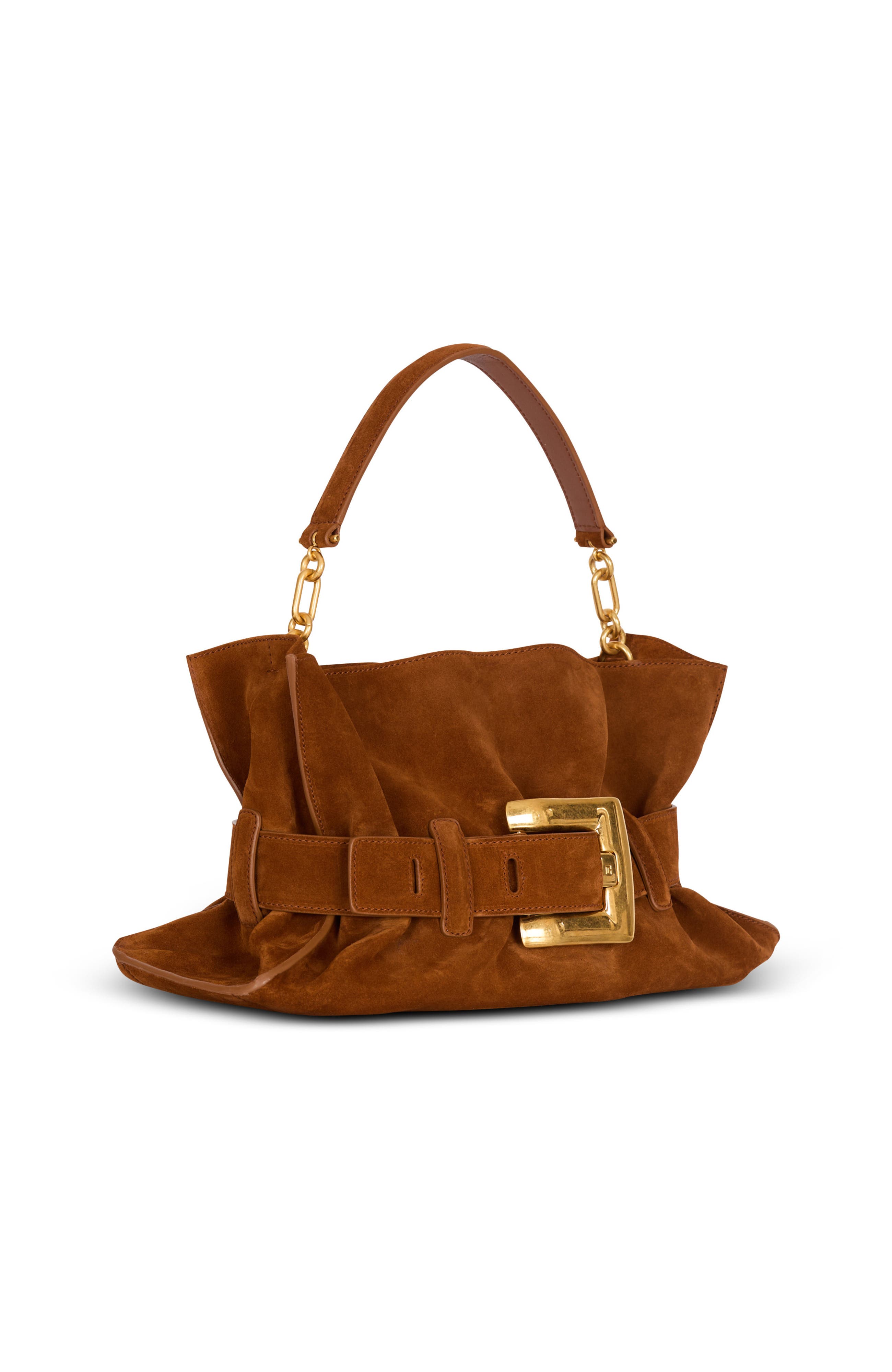 Balmain Anthem Medium suede leather bag, Alternate, color, Brown