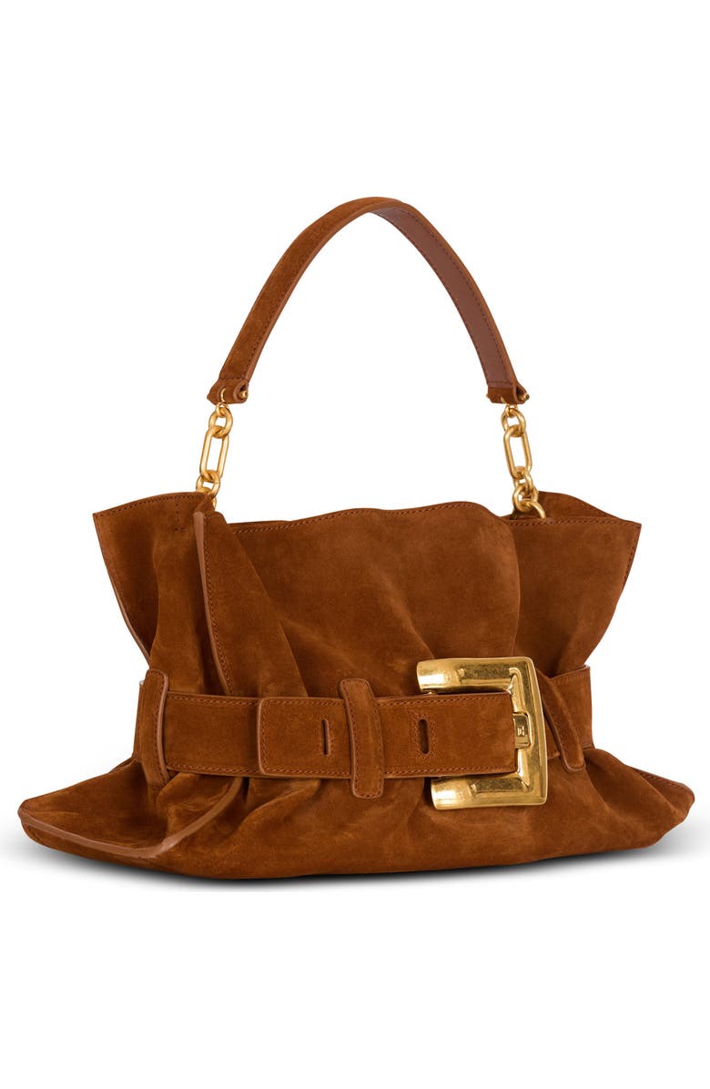 Balmain Anthem Medium suede leather bag, Alternate, color, Brown