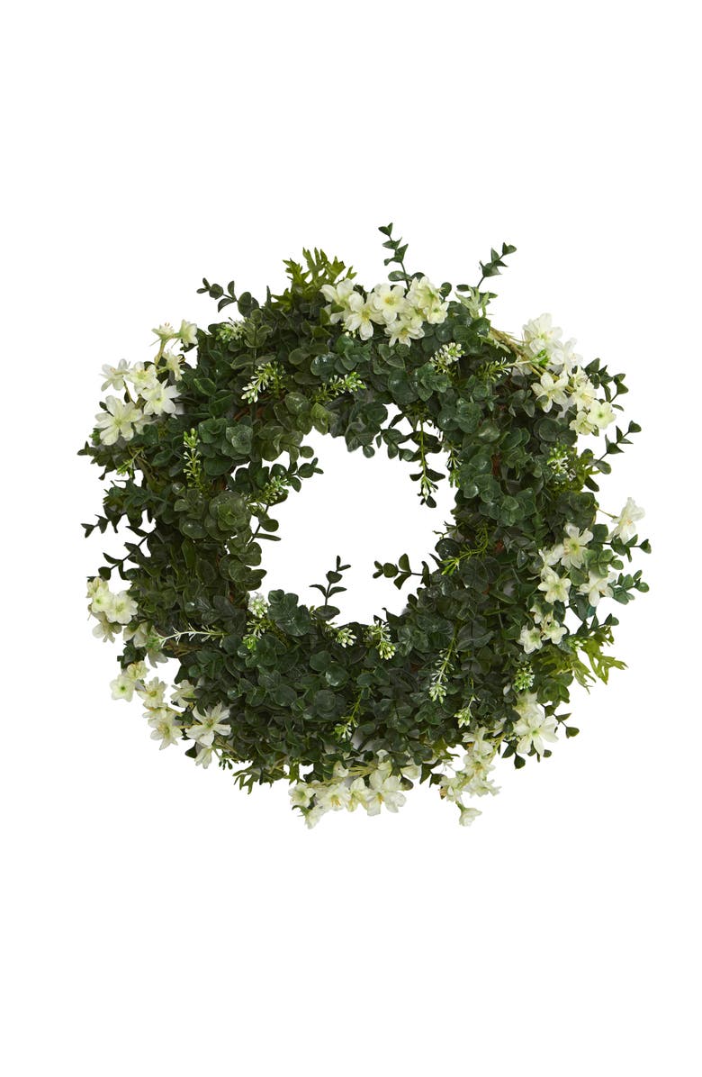 NEARLY NATURAL 18-in Eucalyptus and Dancing Daisy Double Ring Artificial Wreath with Twig Base, Main, color, Green