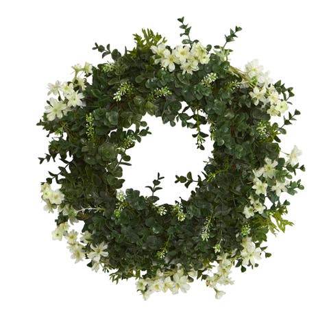 18-in Eucalyptus and Dancing Daisy Double Ring Artificial Wreath with Twig Base