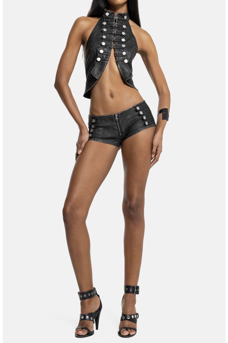 Military Rebel Faux Leather Mini Shorts, Alternate, color, BLACK