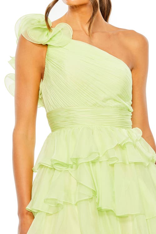 Mac Duggal One Shoulder Ruffle Tiered Ballgown In Pistachio