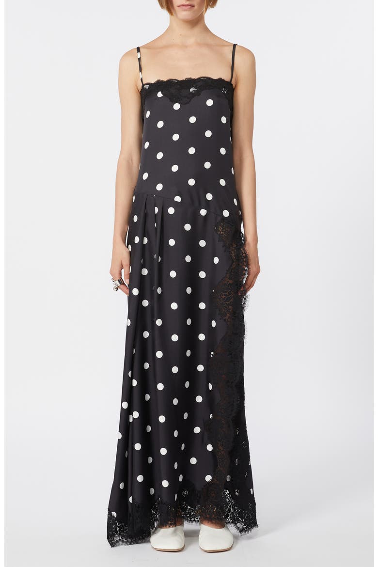 Capo Polka Dot Lace Trim Silk Slipdress, Main, color, BLACK