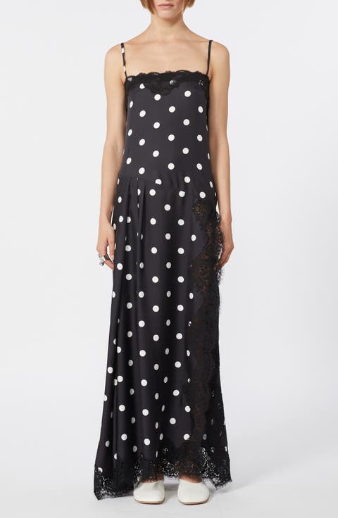 Capo Polka Dot Lace Trim Silk Slipdress