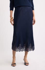 Nordstrom Lace Trim Satin Bias Midi Skirt