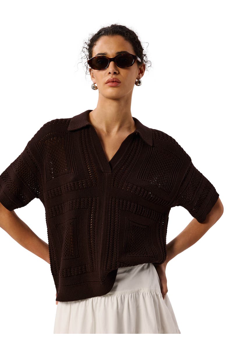 Whistles Open Front Crochet Polo Shirt, Main, color, Chocolate
