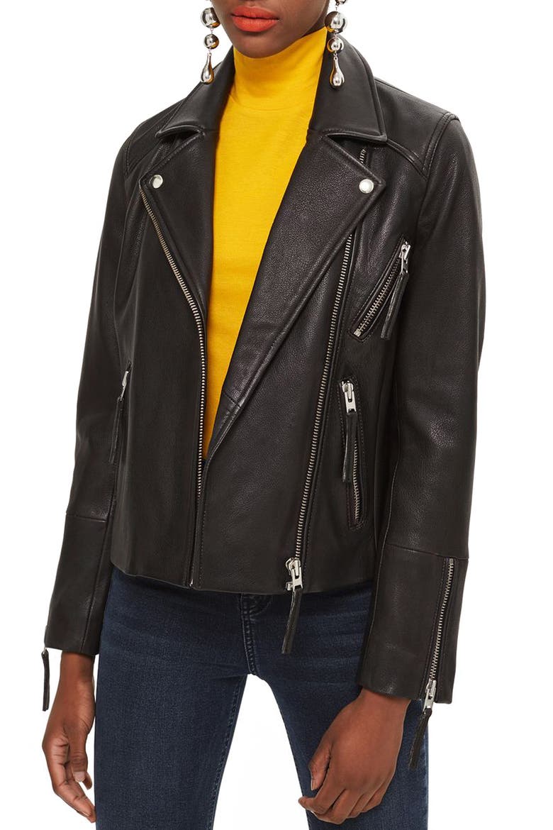 Dolly Leather Biker Jacket, Main, color, BLACK