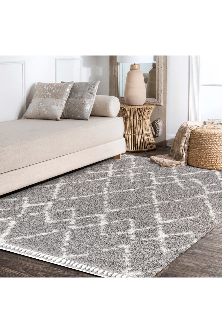 Mercer Shag Plush Tassel Moroccan  Geometric Trellis Area Rug, Alternate, color, Gray/Ivory