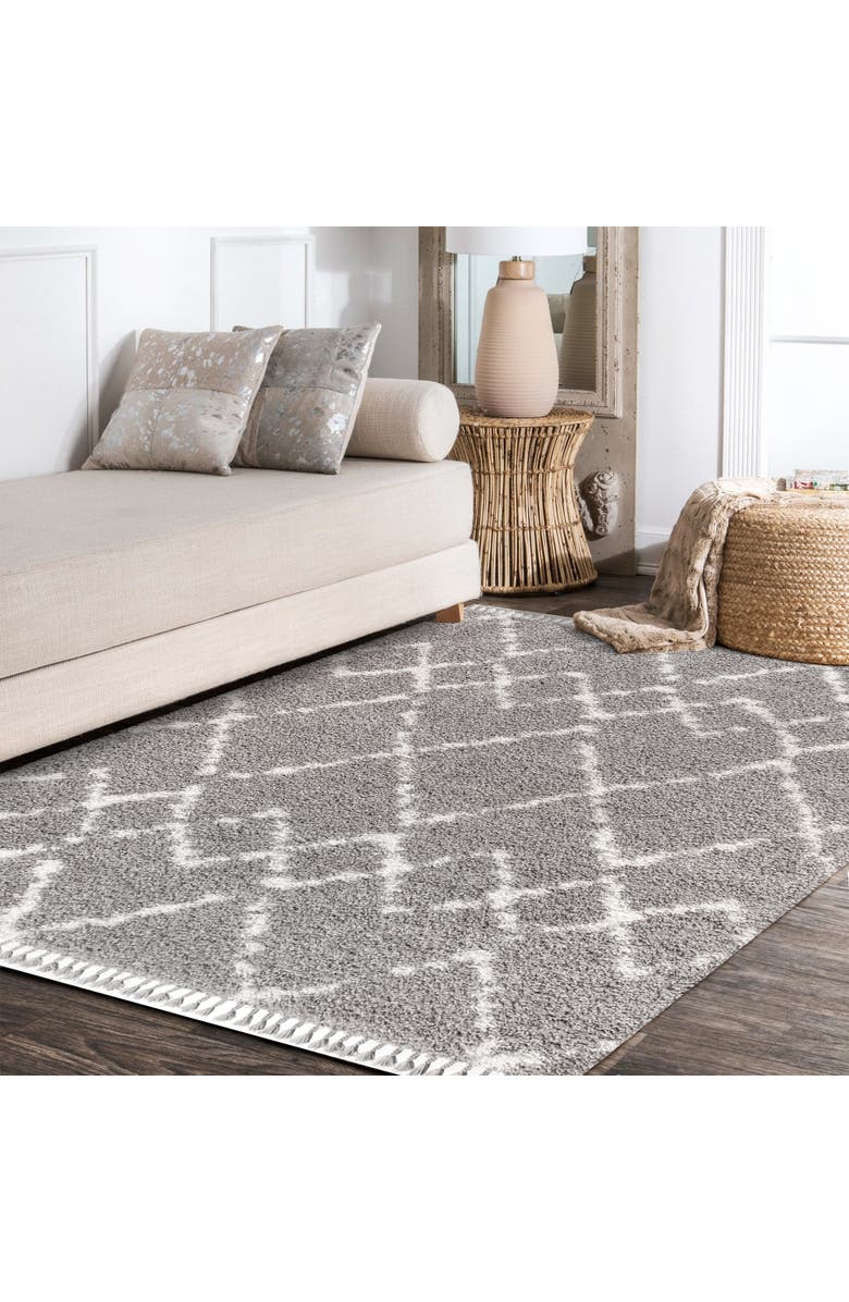 JONATHAN Y Mercer Shag Plush Tassel Moroccan  Geometric Trellis Area Rug, Alternate, color, Gray/Ivory