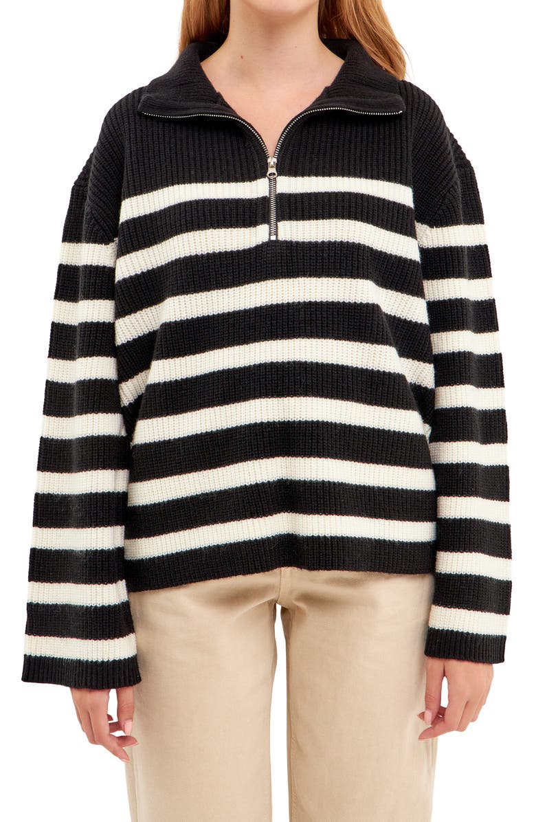 English Factory Stripe Half-Zip Sweater, Alternate, color, Black/ White