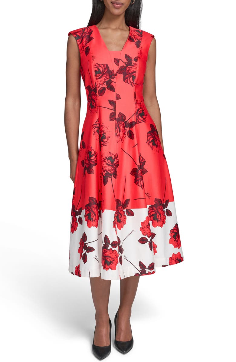 KARL LAGERFELD PARIS Floral Colorblock Stretch Cotton Midi Dress, Main, color, 
