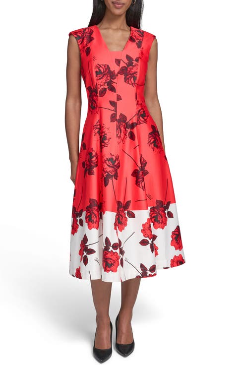 Floral Colorblock Stretch Cotton Midi Dress