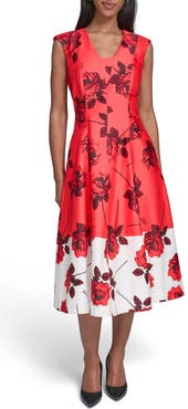 KARL LAGERFELD PARIS Floral Colorblock Stretch Cotton Midi Dress
