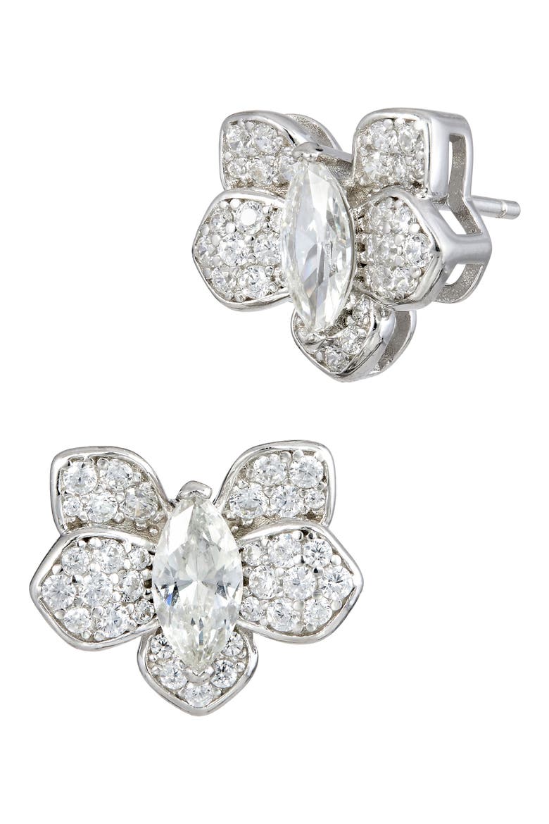 Pavé Cubic Zirconia Orchid Stud Earrings, Main, color, WHITE
