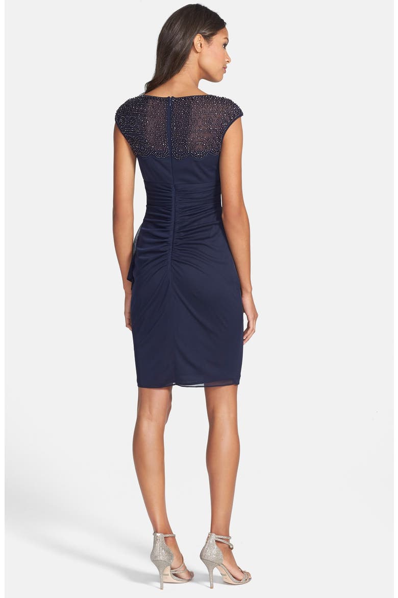 Xscape Beaded Jersey Sheath Dress, Alternate, color, NAVY