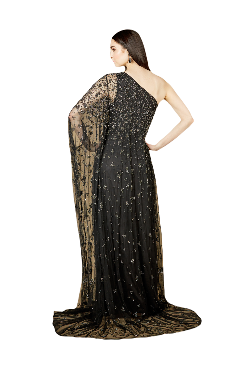 One Shoulder Cape Sleeve Gown, Alternate, color, Black