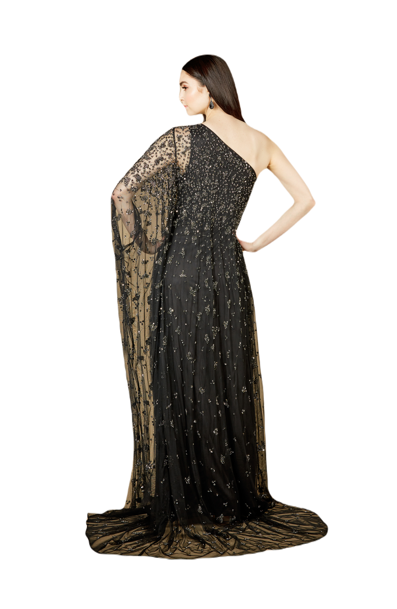 LARA New York One Shoulder Cape Sleeve Gown, Alternate, color, Black