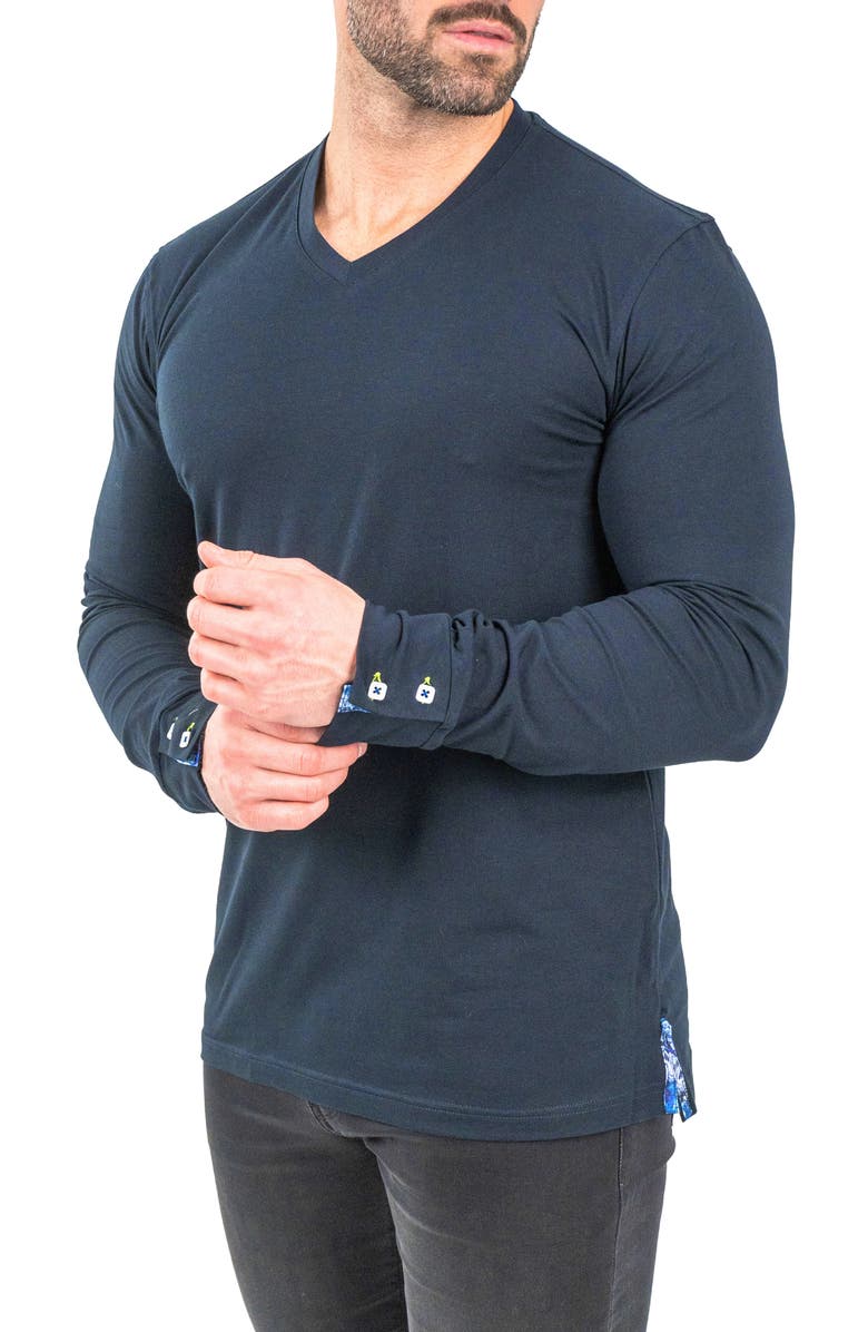 Maceoo Edison Solid Crypt Print Accent V-Neck Cotton Sweater, Alternate, color, 