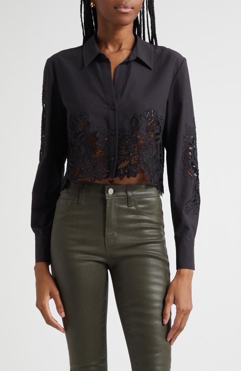 L'AGENCE Seychelle Cutwork Crop Button-Up Shirt, Main, color, Black