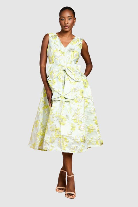 V-Neck Bow Jacquard Midi Dress
