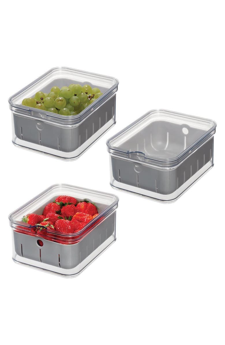 iDesign Small Fridge Berry Bin with Removable Colander - Set of 3 - Clear/Gray, Main, color,