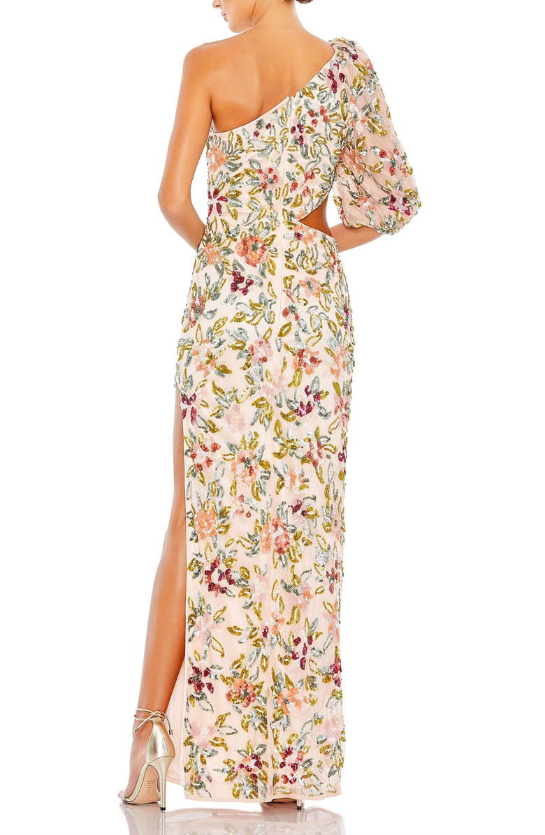 Mac Duggal One-Shoulder Gown with Hand-Embellished Floral Sequins & Blouson Sleeves, Alternate, color, Nude Multi