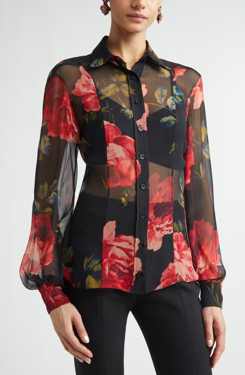 Carolina Herrera Isabella Sheer Silk Chiffon Button-Up Shirt, Alternate, color, Black Multi
