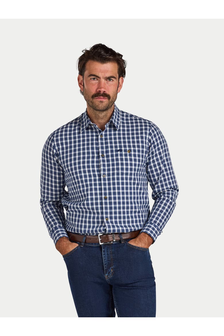 Mod Check Brushed Cotton Twill Shirt, Main, color, Navy