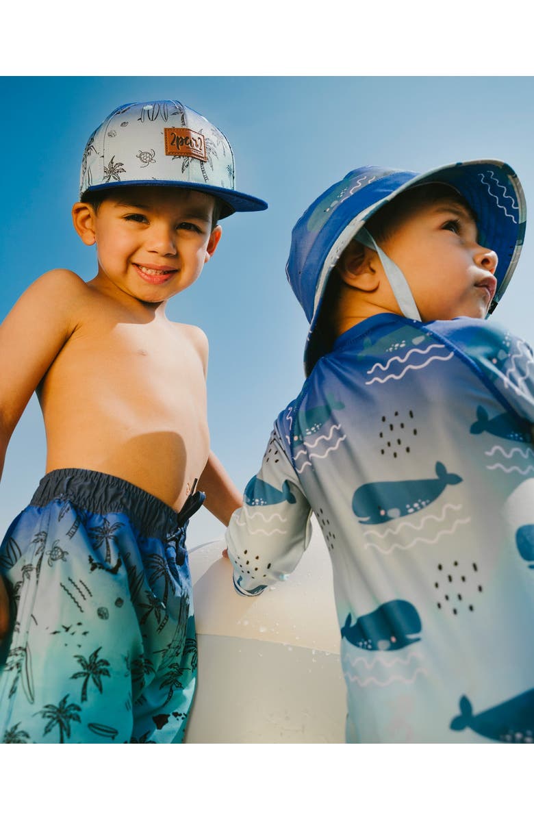 Deux par Deux Mid Thigh Elastic Waist Beach Boardshorts, Alternate, color, Blue Beach Print