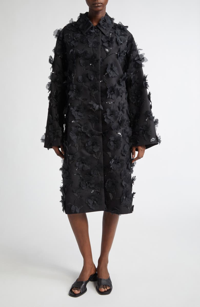 Michael Kors Collection Floral Appliqué Silk & Wool Mikado Balmacaan, Main, color, 