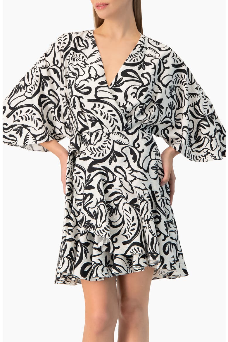 Swirl Botanical Print 3/4 Sleeve Fit-and-Flare Mini Dress, Alternate, color, White