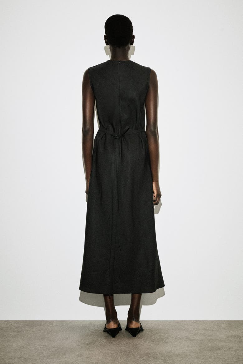 Bias Cut Linen Blend Midi Dress, Alternate, color, BLACK