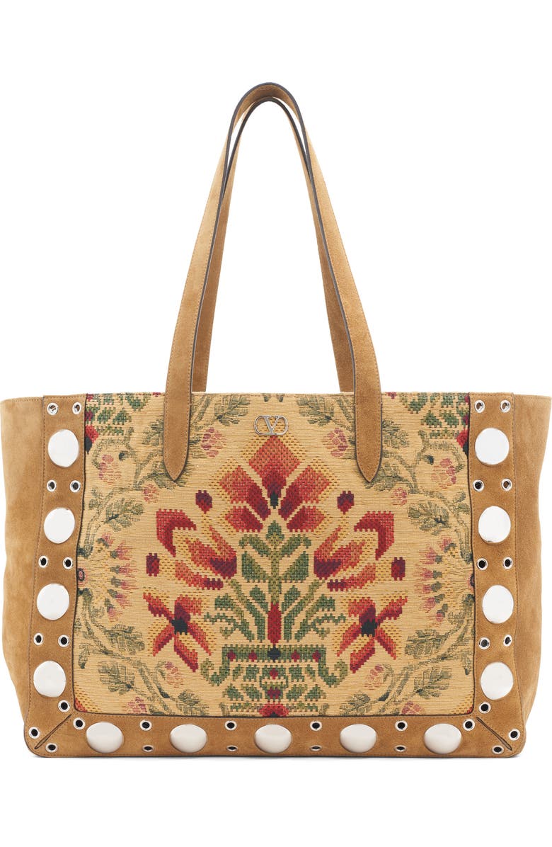 Valentino Garavani Large Nellcôte Studded Tote, Main, color, Brown Multi