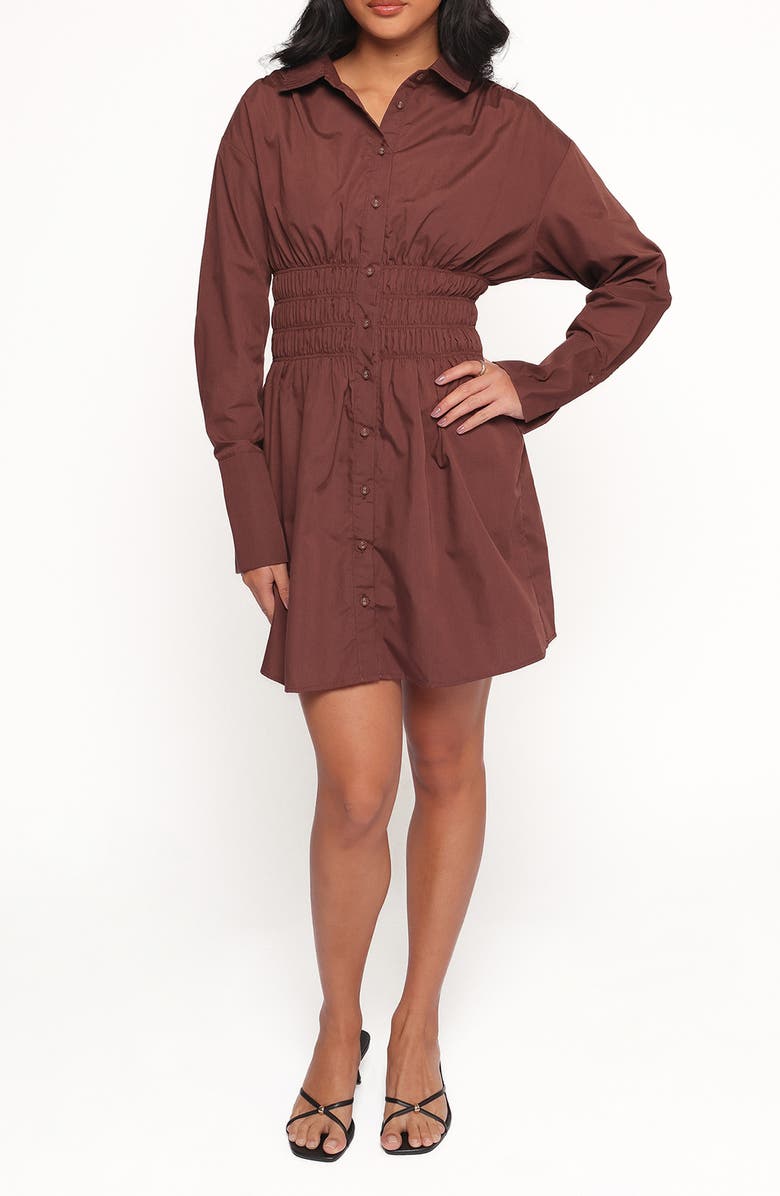 Petal & Pup Wallace Long Sleeve Mini Shirtdress, Main, color, Chocolate