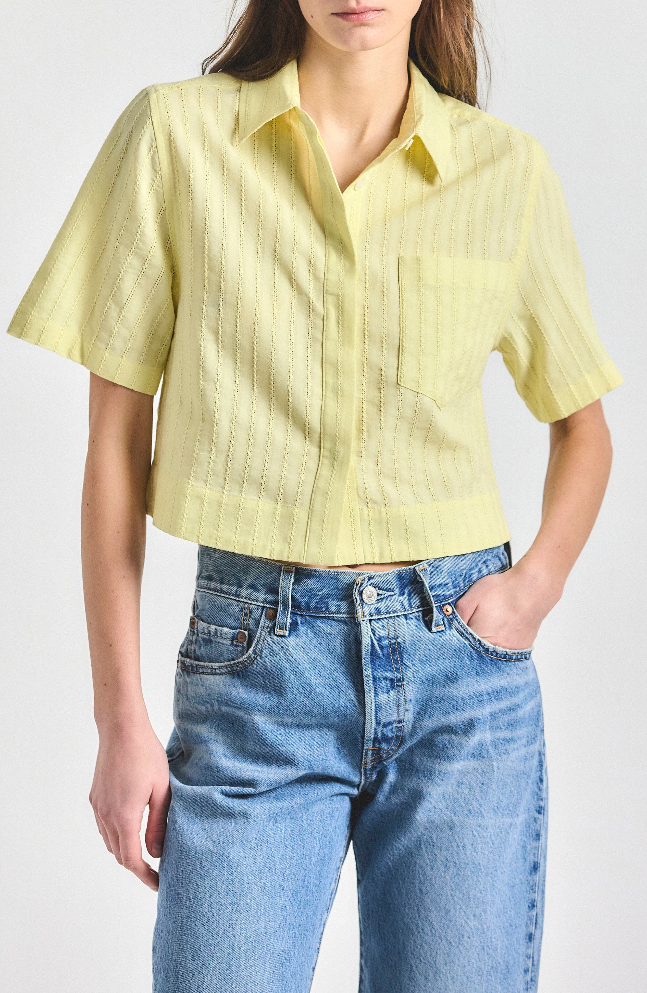 Derek Lam Lira Stripe Short Sleeve Crop Button-Up Shirt