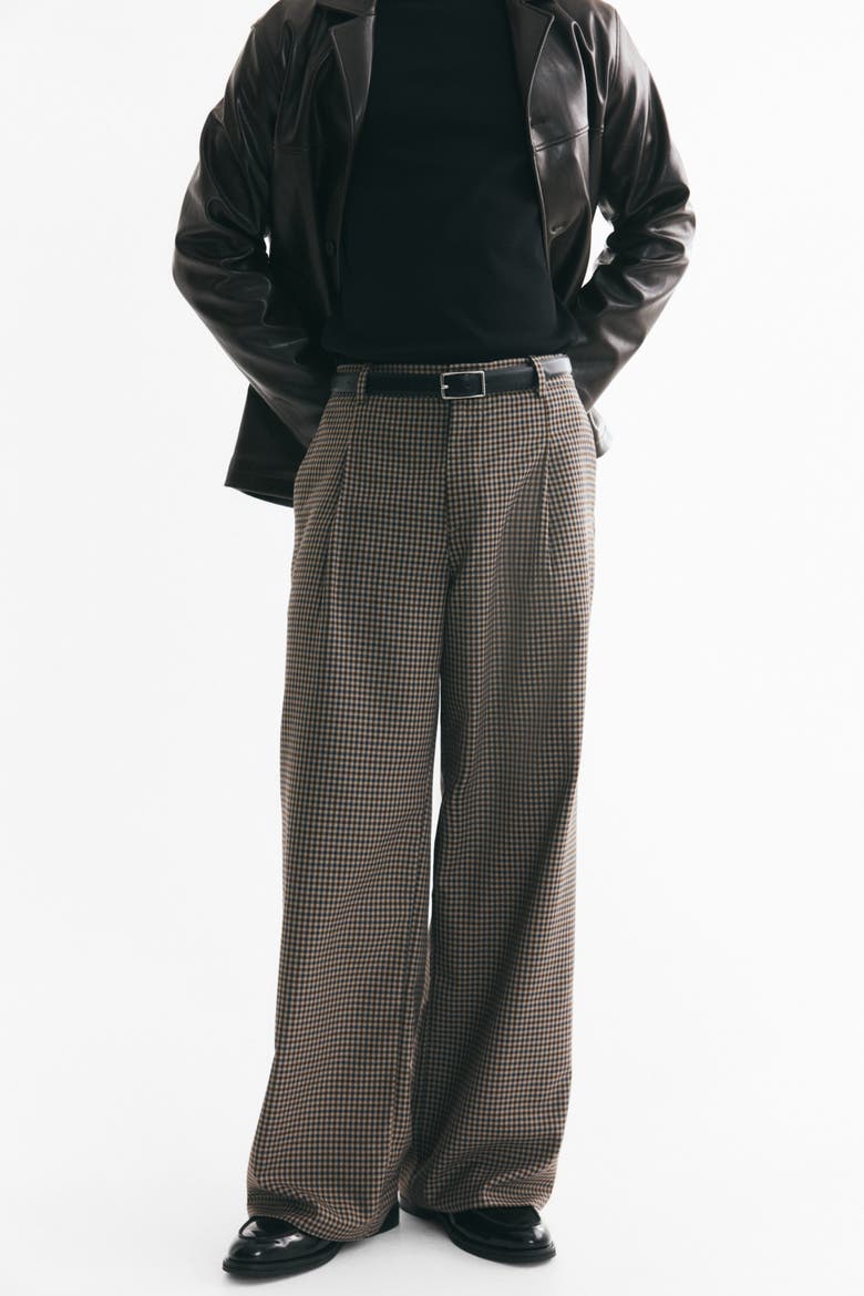 Oversized Wide-Leg Tailored Pants, Alternate, color, Light taupe/checked