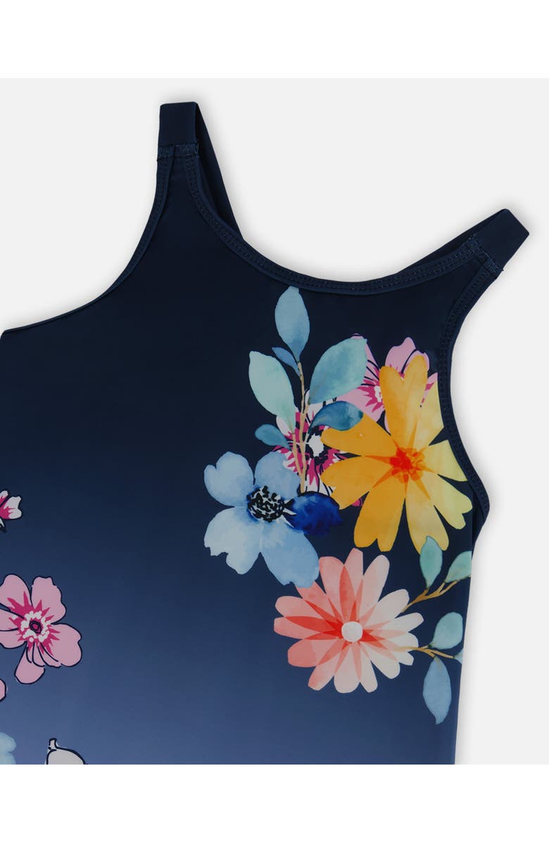 Deux par Deux Little Girl's Printed Beach Dress Yellow, Pink Flowers On Navy Blue Background, Alternate, color,