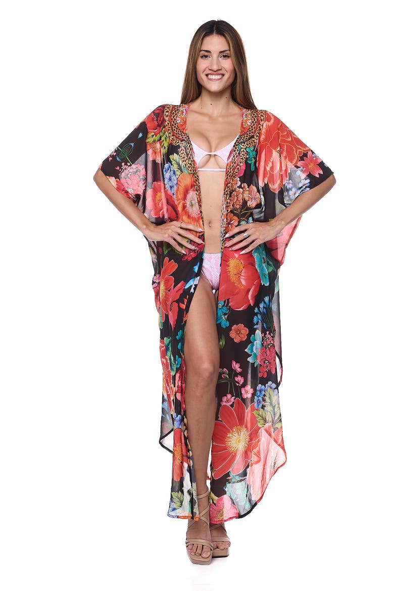 Floral Caftan Duster, Alternate, color, BLACK