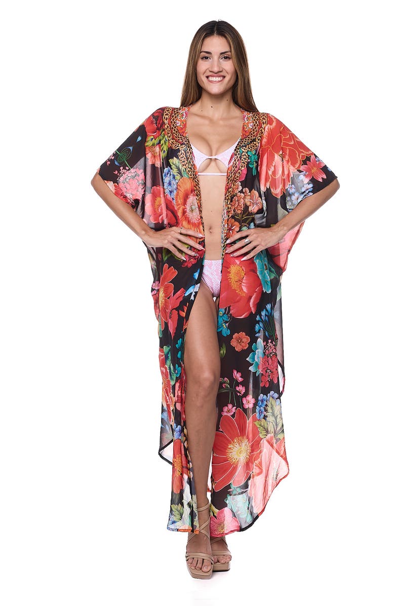 RANEES Floral Caftan Duster, Alternate, color, Black