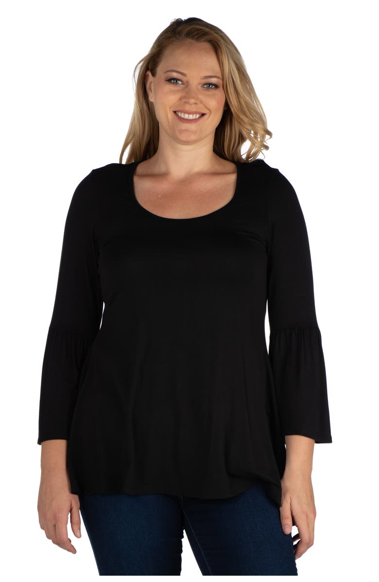24seven Comfort Apparel Plus Size Long Bell Sleeve Flared Tunic Top, Main, color, Black