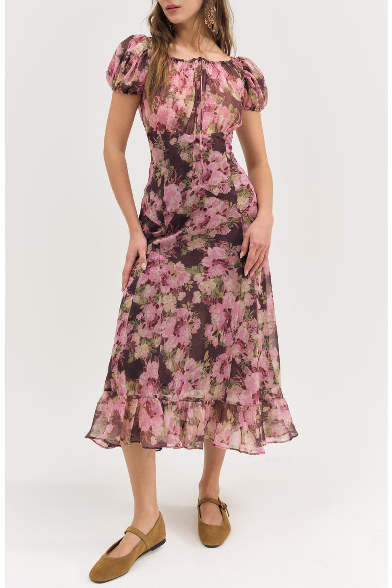 Adeline Floral Midi Dress, Alternate, color, BROWN