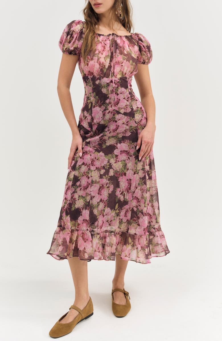 For Love & Lemons Adeline Floral Midi Dress, Alternate, color, Brown