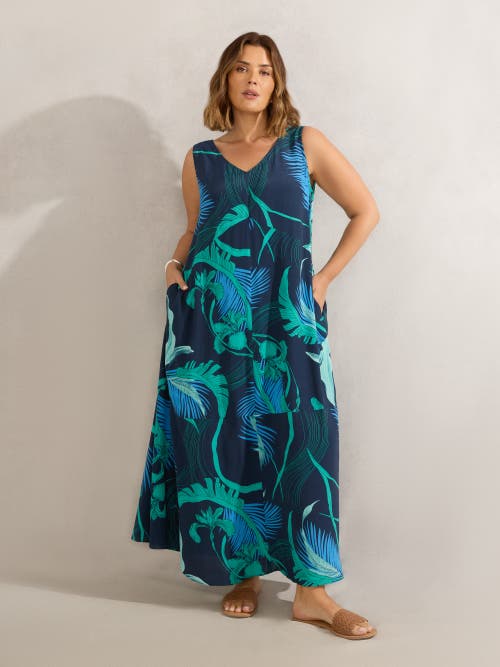Live Unlimited Abstract Leaf Print V-neck Maxi Dress In Brown