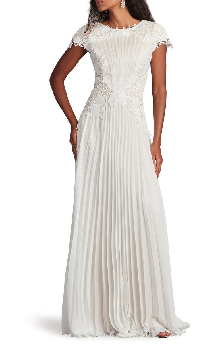 Tadashi Shoji Embroidered Lace Cap Sleeve Gown, Main, color, Ivory/ Petal