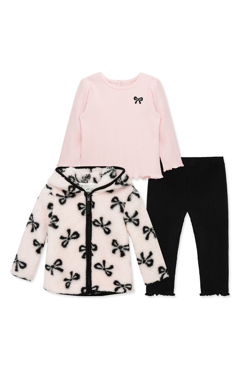 Little Me Bow Faux Shearling Jacket, T-Shirt & Pants Set, Main, color, Pink